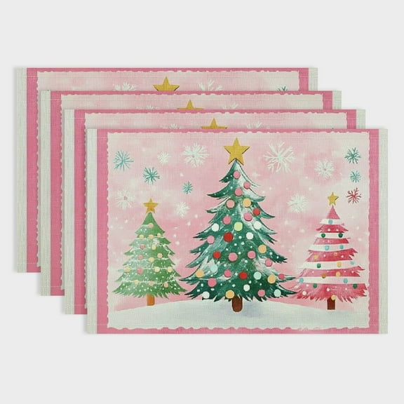 Fenyluxe  Christmas Placemats Set of 4, Xmas Trees Striped Winter Seasonal Holiday Farmhouse Kitchen Dining Table Decoration for Indoor Outdoor Dinner Party Décor (Pink) 18x12in