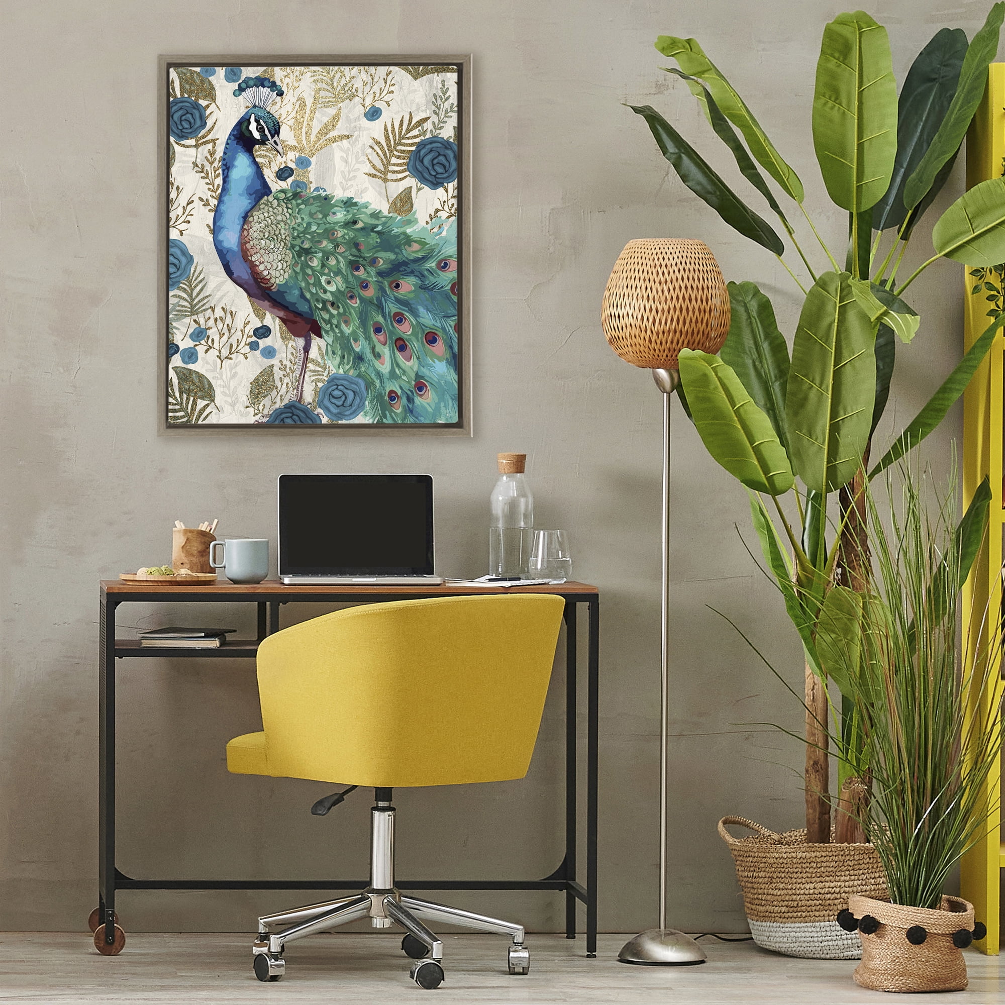 Stupell Industries Rococo Peacock Pride Brown Framed Floater Canvas Wall Art, design by Kim Allen