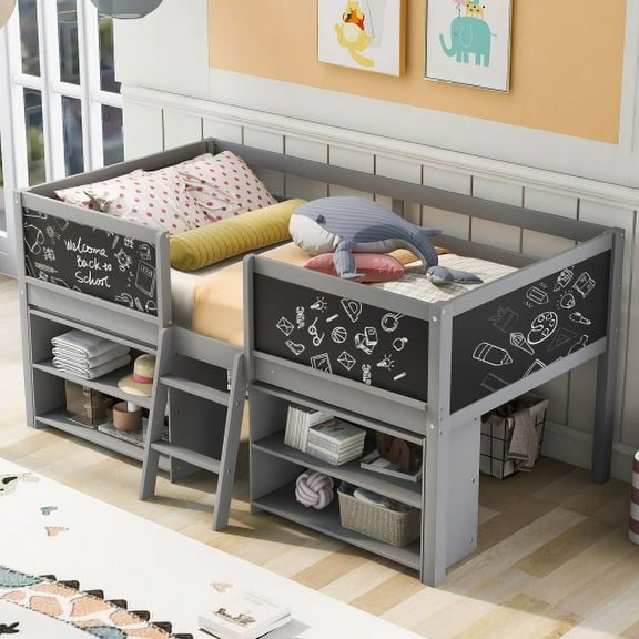 Donext Twin Size Low Loft Bed with Two Movable Shelves and Ladder,with Decorative Guardrail Chalkboard, Gray