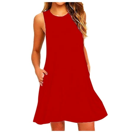 Otvok Womens Dresses,Women O Neck Casual Pockets Sleeveless Above Knee Dress Loose Party Dress