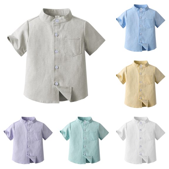 SUXIAN Toddler Boy Blouses Solid Color Short Sleeve Stand Collar Button Front Cardigan Top Casual Boys Short Sleeve Blouses Khaki 5-6 Years