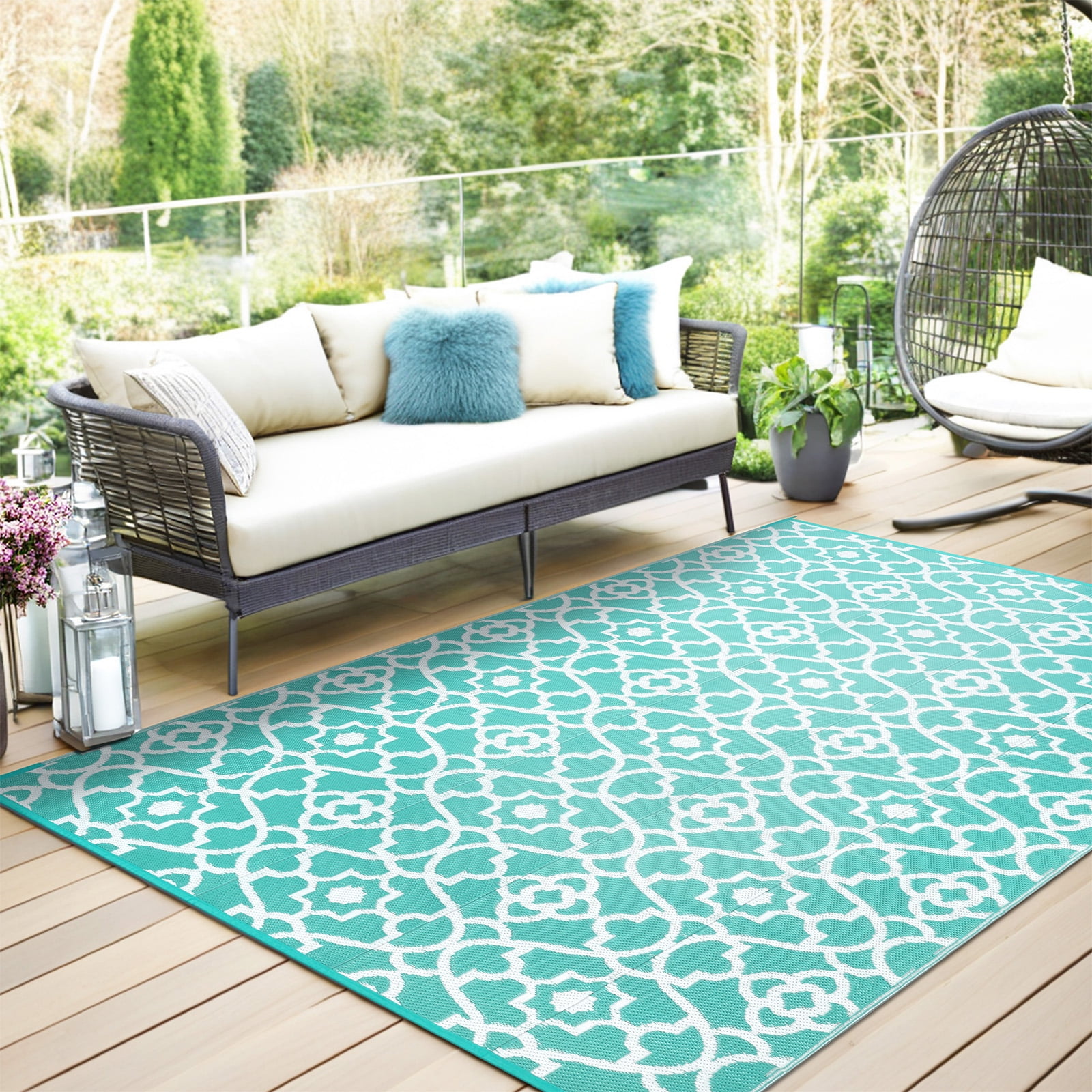 MeyJey 9'x12' Outdoor Rug, Patio Rug Waterproof RV Outdoor Rug Camping Rugs Reversible Plastic Mat for Camping, Balcony Apartment, Patio, Porch, Picnic, Beach, Aqua Blue