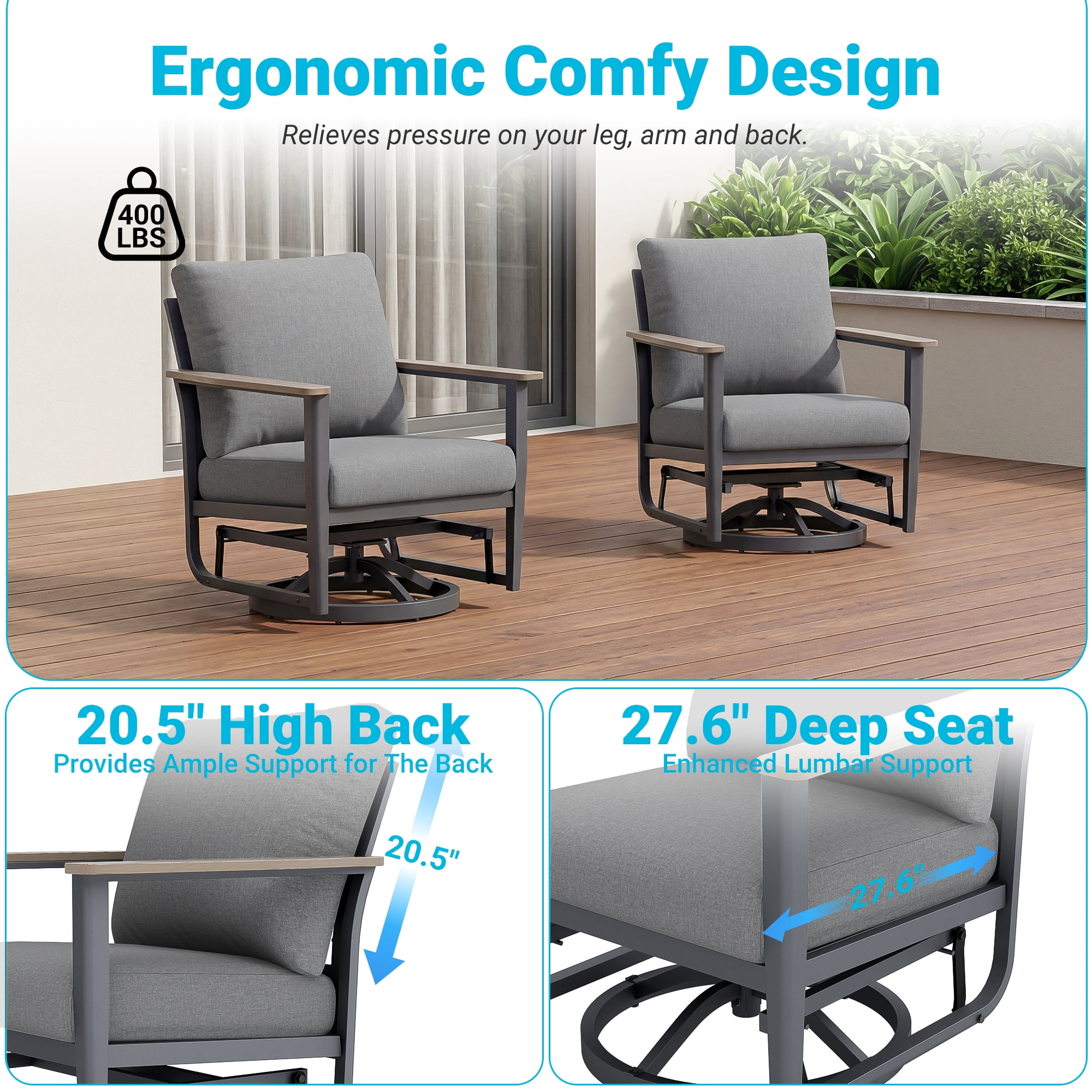 Muphyers 6 Piece Aluminum Patio Furniture Set, All Weather Patio Conversation Sets, Swivel Rocking Chairs and Ottomans, 5.1" Cushions Outdoor Couch for Porch, Garden, Backyard, Deck,Gray