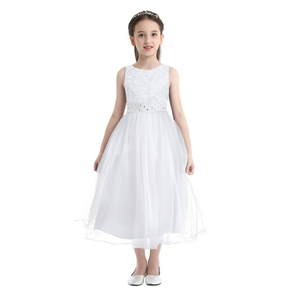 Aislor Kids Girls Christening Dress Flower Girls Rhinestone Belt Evening Gown 2-16 White 4