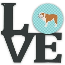 English Bulldog Checkerboard Blue Metal Wall Artwork LOVE