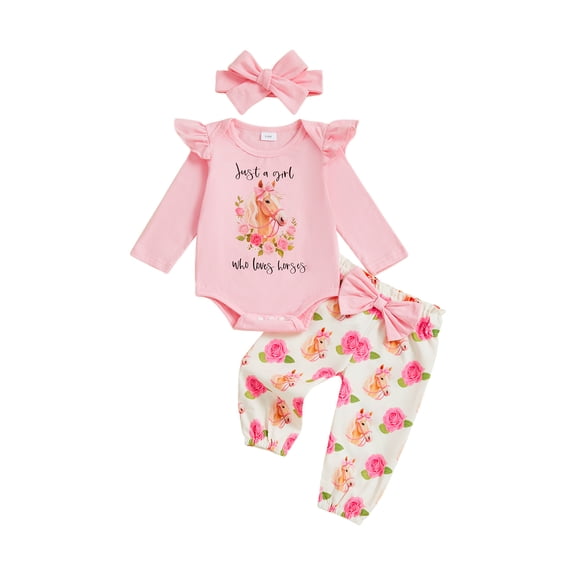 BemeyourBBs Western Baby Girls Cowgirl Outfit Long Sleeve Letter Horse Floral Print Romper Jumpsuit Headband Pants Set Cute Newborn Spring Fall Winter Clothes