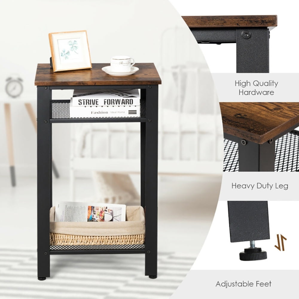 Finihen End Table, 3-Tier Industrial End Table with Metal Mesh Storage Shelves, Sofa Side Table, Bed Side Table, for Living Room, Bedroom, Brown Finihen End Table, 3-Tier Industrial End Table with Metal Mesh Storage Shelves, Sofa Side Table, Bed Side Table, for Living Room, Bedroom, Brown