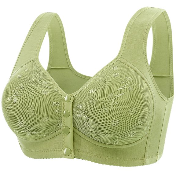 MGDXOX Plus Size Front Multi-button Floral Emboss V Neck Wide Vest Strap Wireless Breathable Maternity Nursing Bra Green 40