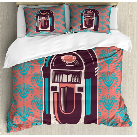 Jukebox Duvet Cover Set, Floral Paisley Inspired Backdrop with Music Box Retro Party Print, Decorative 3 Piece Bedding Set with 2 Pillow Shams, Queen Size, Dried Rose Turquoise, by Ambesonne