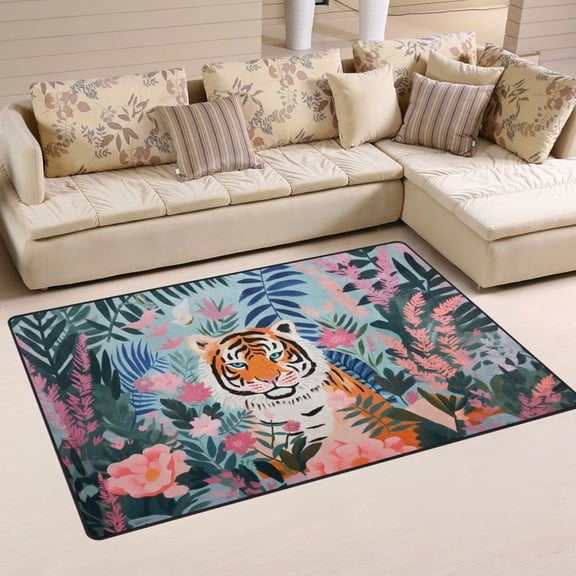 Tiger Flowers Leaves Area Rug Washable Floor Carpet Mat 60 x 39 inch for Bedroom Living Room Kids Room Home Decor