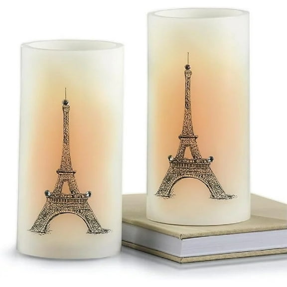 SAGEFINDS Eiffel Tower LED Candles, Set of 2, Flameless Real Wax Pillar Candles, Battery Operated, 6” x 3”