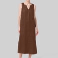 thumbnail image 6 of Women's Linen Casual Midi Shift Dress Sleeveless V-Neck Partial Button Down Lightweight Feel Loose Fit Straight Cut Daily Wear Summer Vacation Breathable Sun Dress, 6 of 7