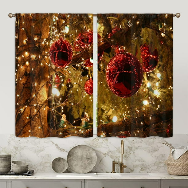 CUH Kitchen Curtains Christmas Tree Tiers Short Panel Red Home Valance