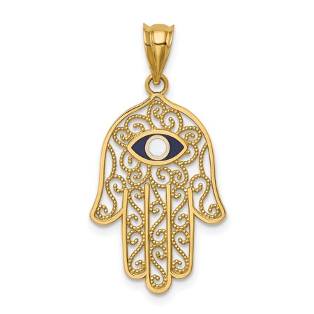 14k Yellow Gold Hamsa Pendant with Blue Evil Eye, Intricate Scroll Design, Spiritual Protection Amulet for Women or Unisex, Symbolic Luck Defense Jewelry