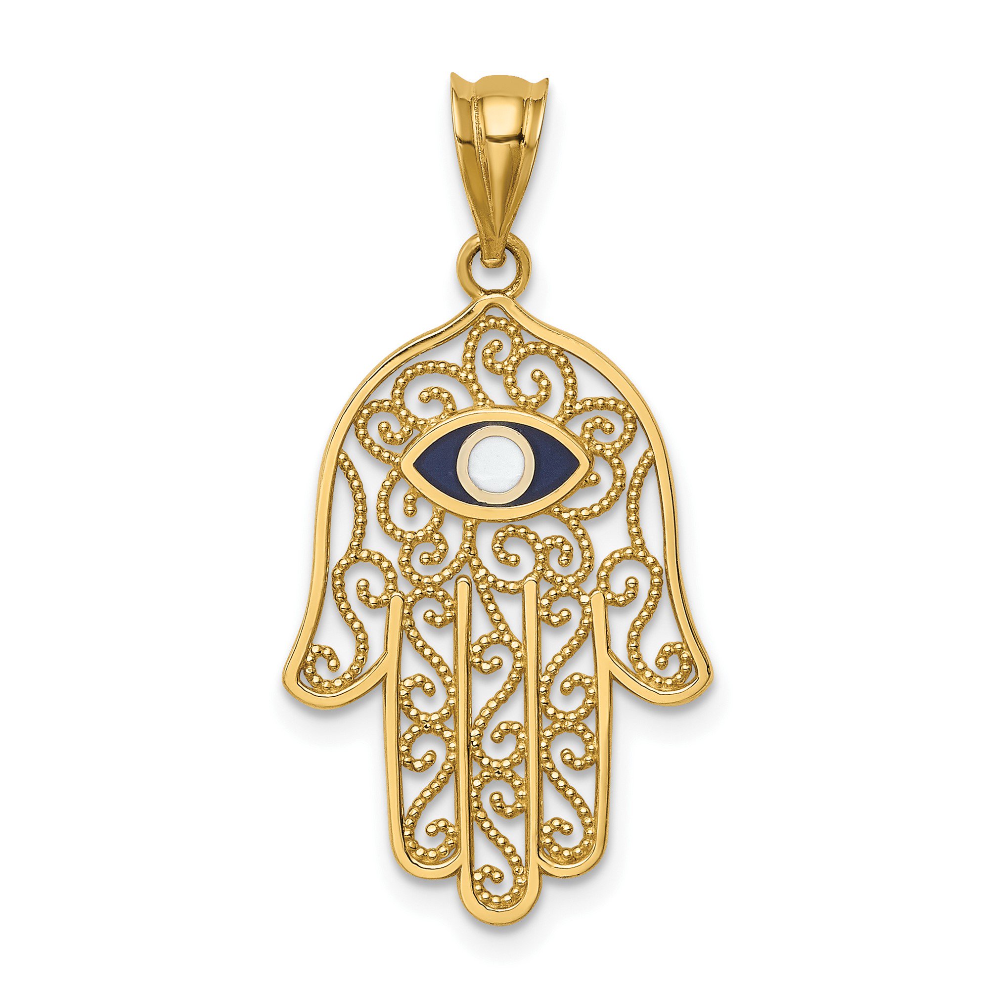14k Yellow Gold Hamsa Pendant with Blue Evil Eye Intricate Scroll Design Spiritual Protection Amulet for Women or Unisex Symbolic Luck Defense Jewelry