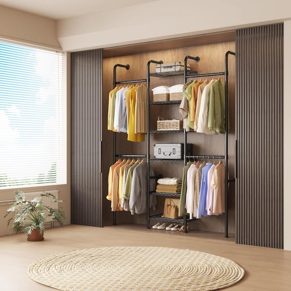 Closet Organizer System Wall Mounted Expandable with 6 Adjustable Wire Shelves, Carbon Steel Clothes Rack Extendable Rods for Closet Storage Matte Black