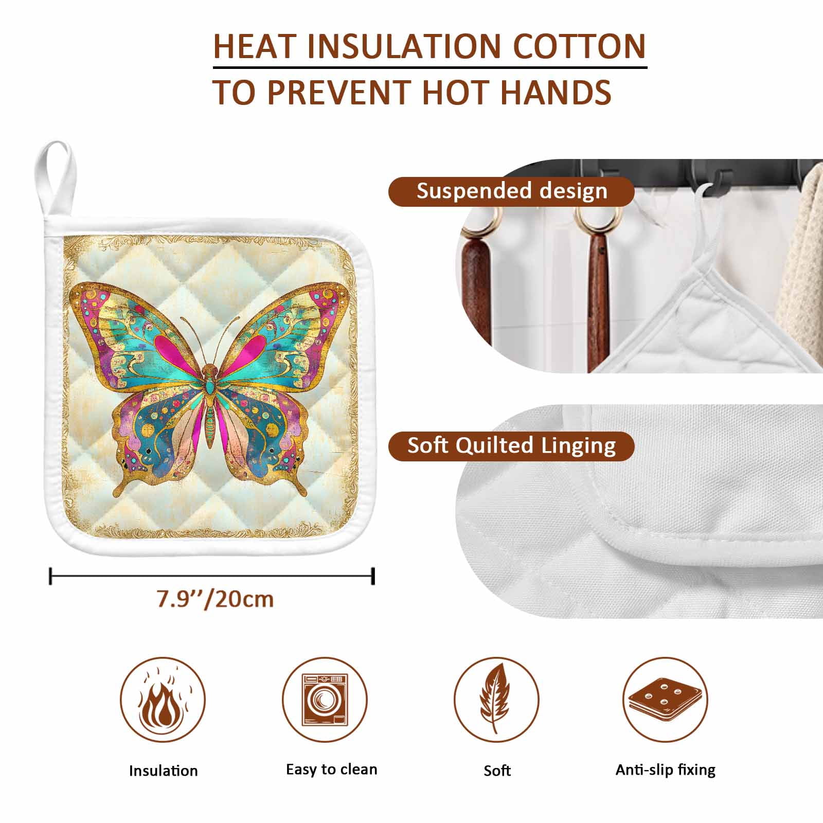 Vintage Butterfly Pot Holders for Kitchen Heatproof Potholder, 5 Pack Retro Colorful Butterfly Hot Pads Multipurpose Oven Pads Cloth Potholders Trivet for Cooking Baking