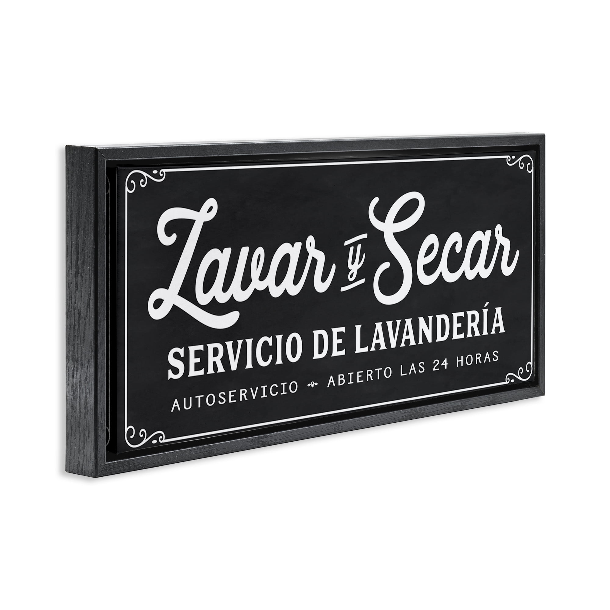 Stupell Industries Lavar y Secar Lavandería Bath & Laundry Painting Black Floater Framed Art Print Wall Art, 31 x 14