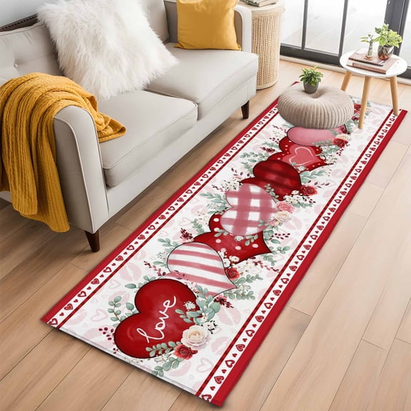 Valentine's Day 2'x6' Runner Rugs for Hallway Kitchen Bedside Non Slip Washable, Red Love Heart Eucalyptus Leaves Entryway Rug Runners with Rubber Backing, Long Carpet Runner for Laundry Room