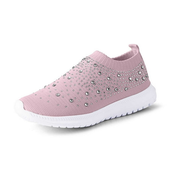 Xiaoxatg Women's Casual Shoes Breathable Mesh On Flat Comfortable Walking Footwear with Rhinestone for Daily Activities 7 Pink