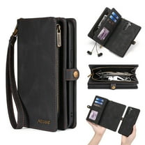 for Samsung Galaxy S24 Case for Women Men, Removable Durable PU Leather Magnetic Flip Strap Wristlet Zipper Purse Card Holder Detachable Wallet Phone Cases for Samsung Galaxy S24, Black