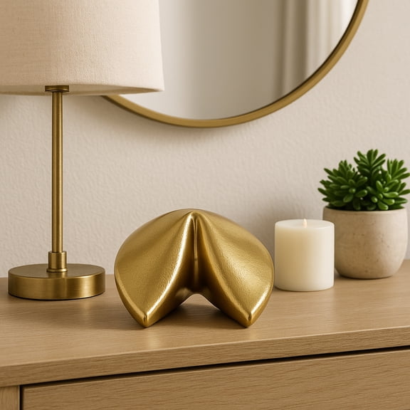 Metal Fortune Cookie Sculpture for Living Room Decor - Home Decor for Book Shelf, Office Desk, and Kitchen - Contemporary Figurine Accent for Bedroom, Bathroom, and Coffee Table - 4", Gold