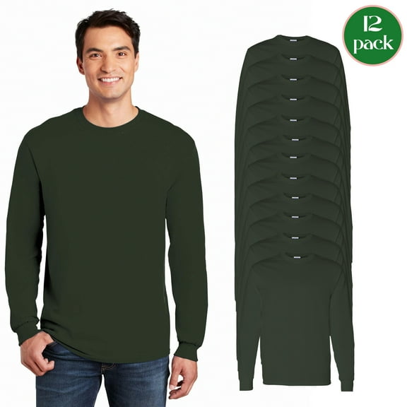 Gildan Heavy Cotton Long Sleeve T-Shirt For Men, Crewneck Classic Fit Forest Color Tee, 12 Pack, S