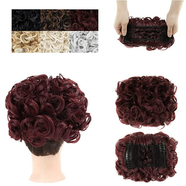 Peignes Chignons Pièce de Cheveux Plat Bouclé Chouchous Synthétiques Extensions de Cheveux à Clip en Queue de Cheval pour Femmes (Rouge Vin Foncé -#26)
