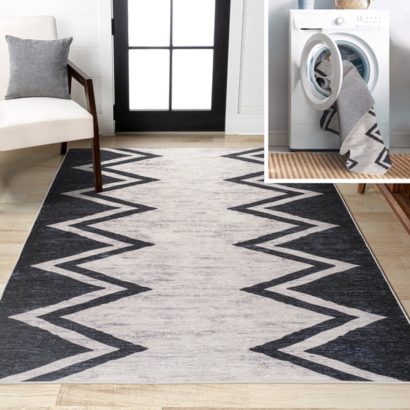 JONATHAN Y WASHABLE 5 x 8 Area Rug, Siksak Chevron Border - Ivory/Navy, WSH124A-5