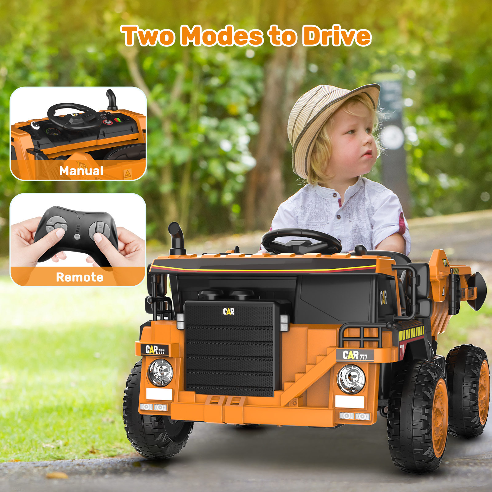 TOKTOO 12V Battery Powered Ride-on Dump Truck with Remote Control, Music Player, Electric Dump Bucket, Kids Tractor -Ginger Yellow - image 3 of 7