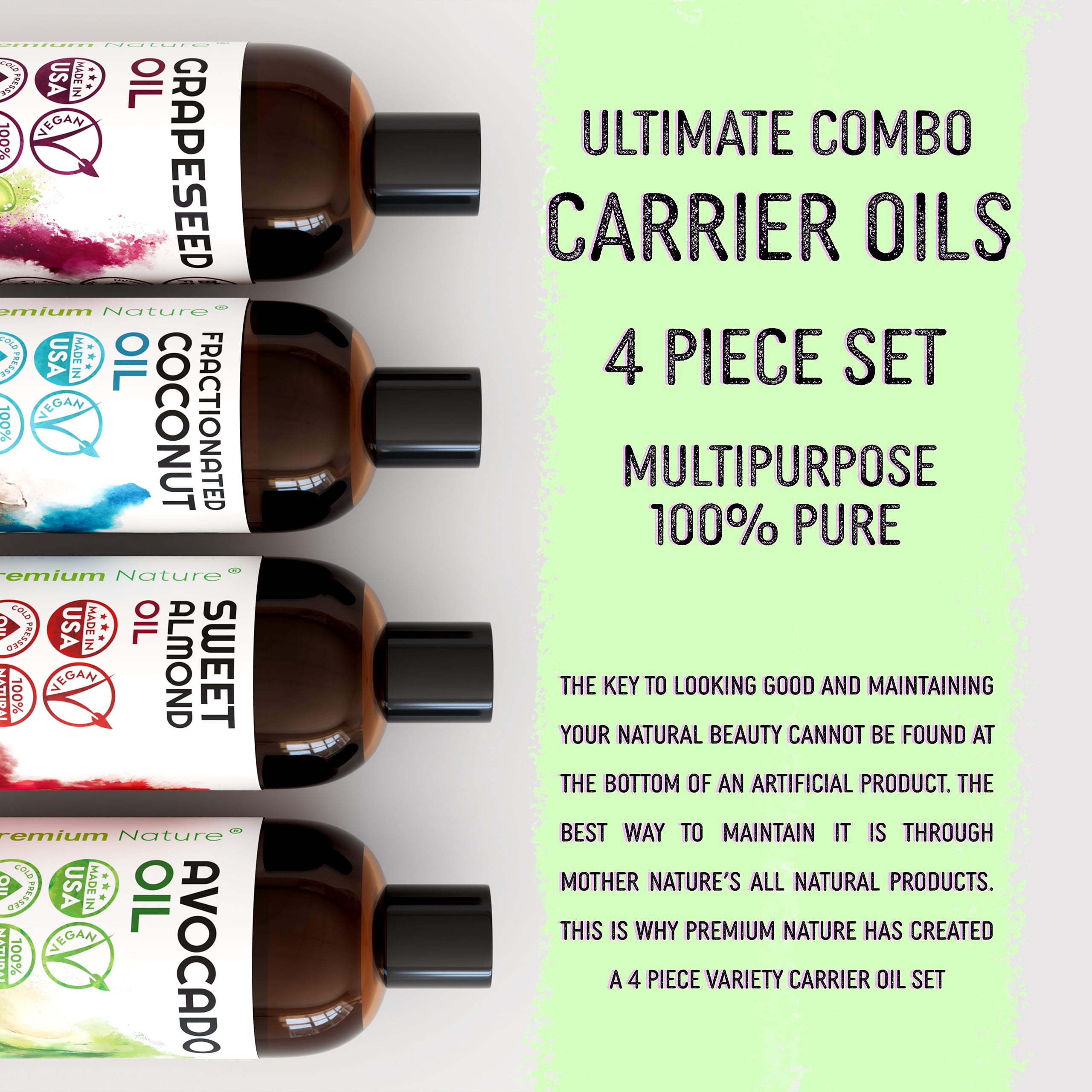 Carrier Oils Set - 4 Pack (8 fl oz Each) | Grapeseed Oil, Sweet Almond Oil, Avocado Oil & Fractionated Coconut Oil | Cosmetic Grade Oils for Skin, Hair, Massage & DIY Beauty