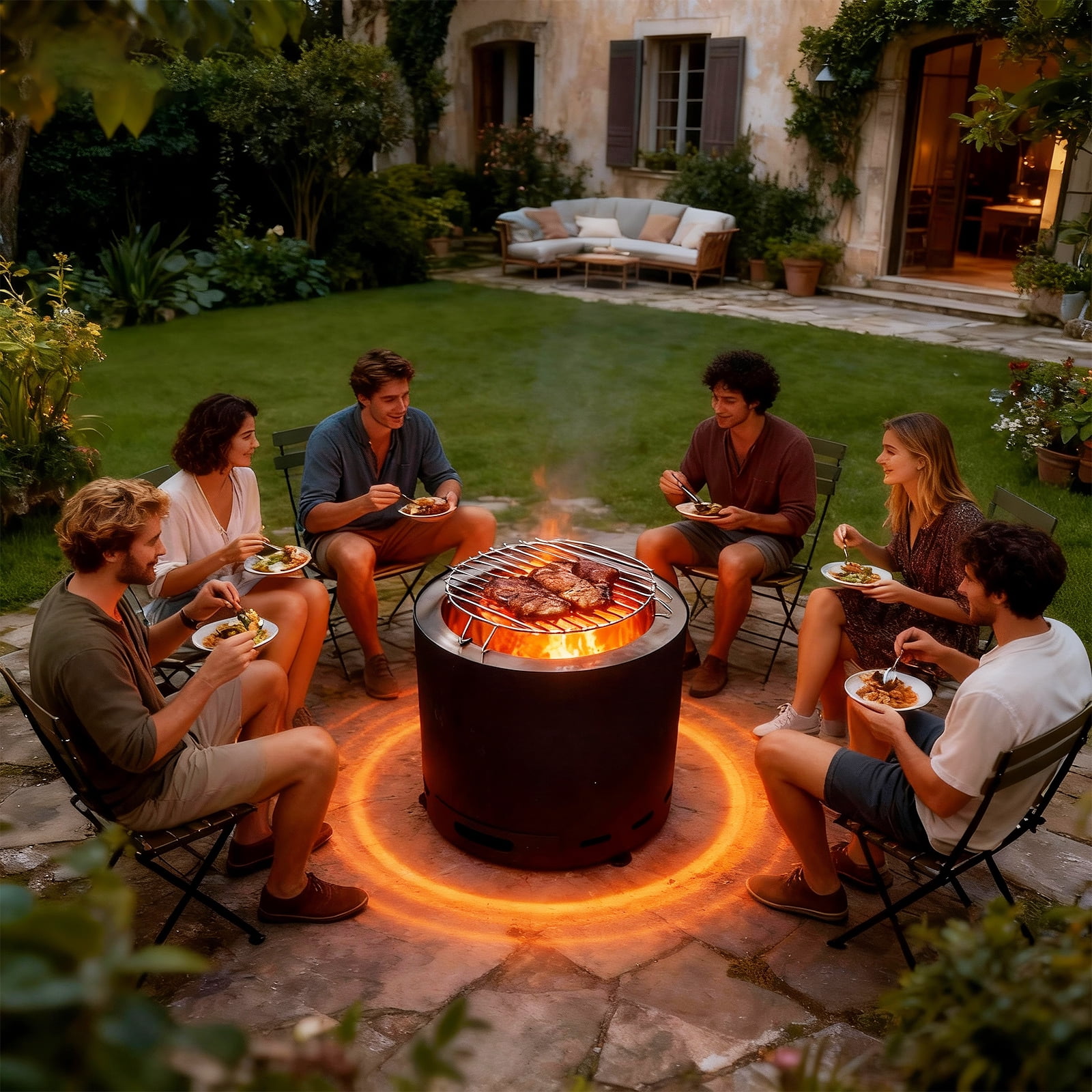 PATIO-IN 19 Inch Smokeless Fire Pit, Black Smokeless Firepit Outdoor with Poker Grill Grates and Carry Bag , Portable Outdoor Camping Fire Bowl for Patio Backyard Garden