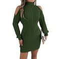 thumbnail image 2 of Women's Sweater Dress Knit Dress Off Shoulder Mock Neck Cable Knit Puff Sleeve Bodycon Winter Dress for Casual Party,Army Green,L, 2 of 9