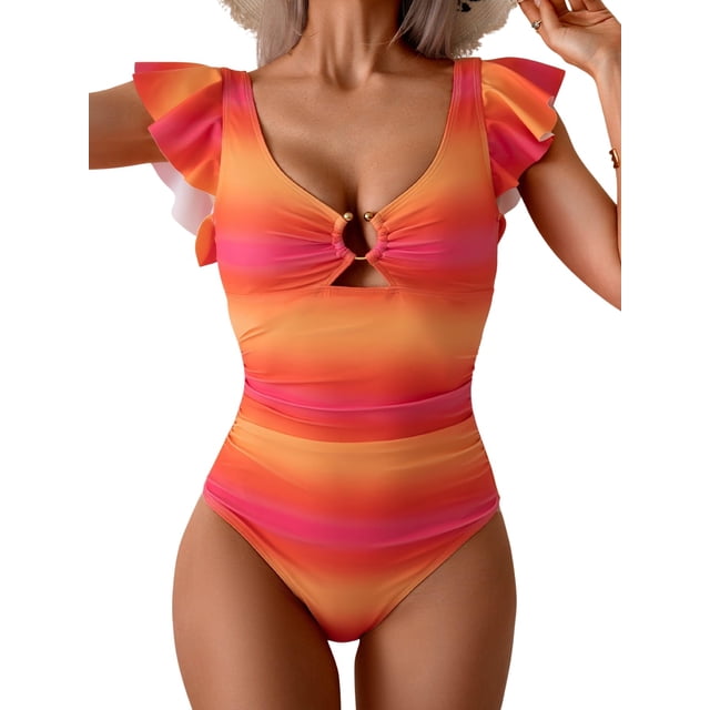 Traje de baño de una pieza para mujer con control de barriga y volantes para adelgazar