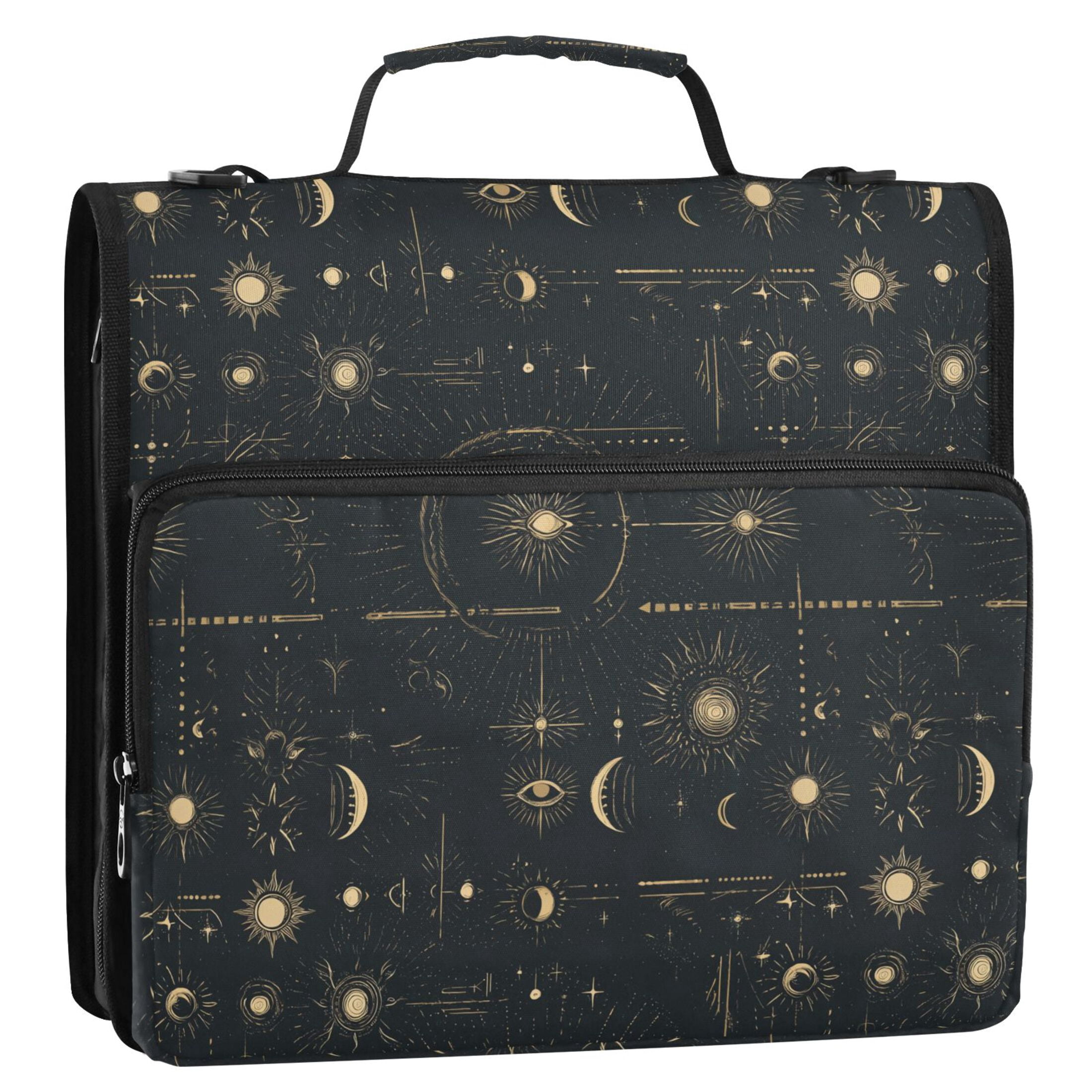 Zipper Binder Gold Stars Sun Moon 1.5 Inch Binder Folder Bag with Shoulder Strap and Handle