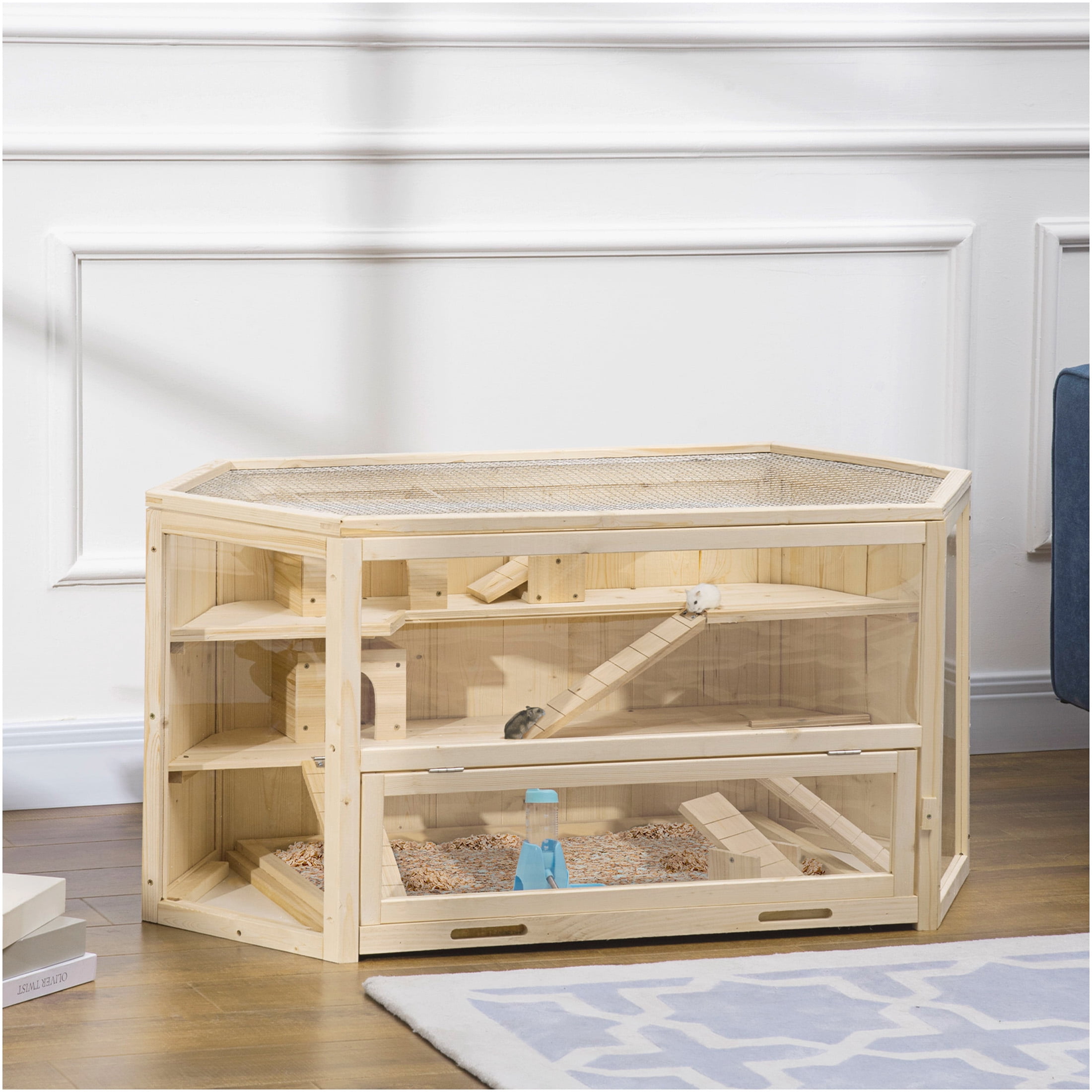 JERFIT 3-Tier Wooden Hamster Cage with Accessories, Large Natural Wood Small Animal Habitat Playpen with Detachable Tray, Ladders, Seesaws, Water Bottle for Hamsters, Gerbils, Mice