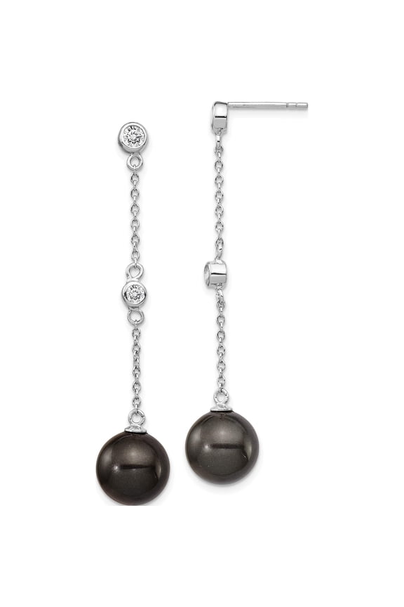 Sterling Silver S Majestik Rh-Plated 10-11mm Blk Imitat Shell Pearl Cz Earrings (52 X 10) Made In China qmje127b