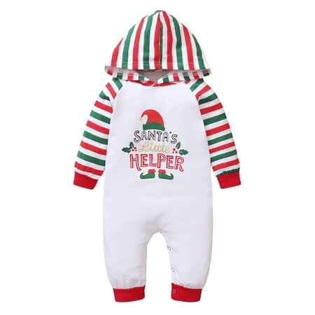 

NZRVAWS Baby Boys Romper Jumpsuit Onesies Bodysuit Christmas Letter Print Stripe Long Sleeve Hoodie Romper 9-12 Months White