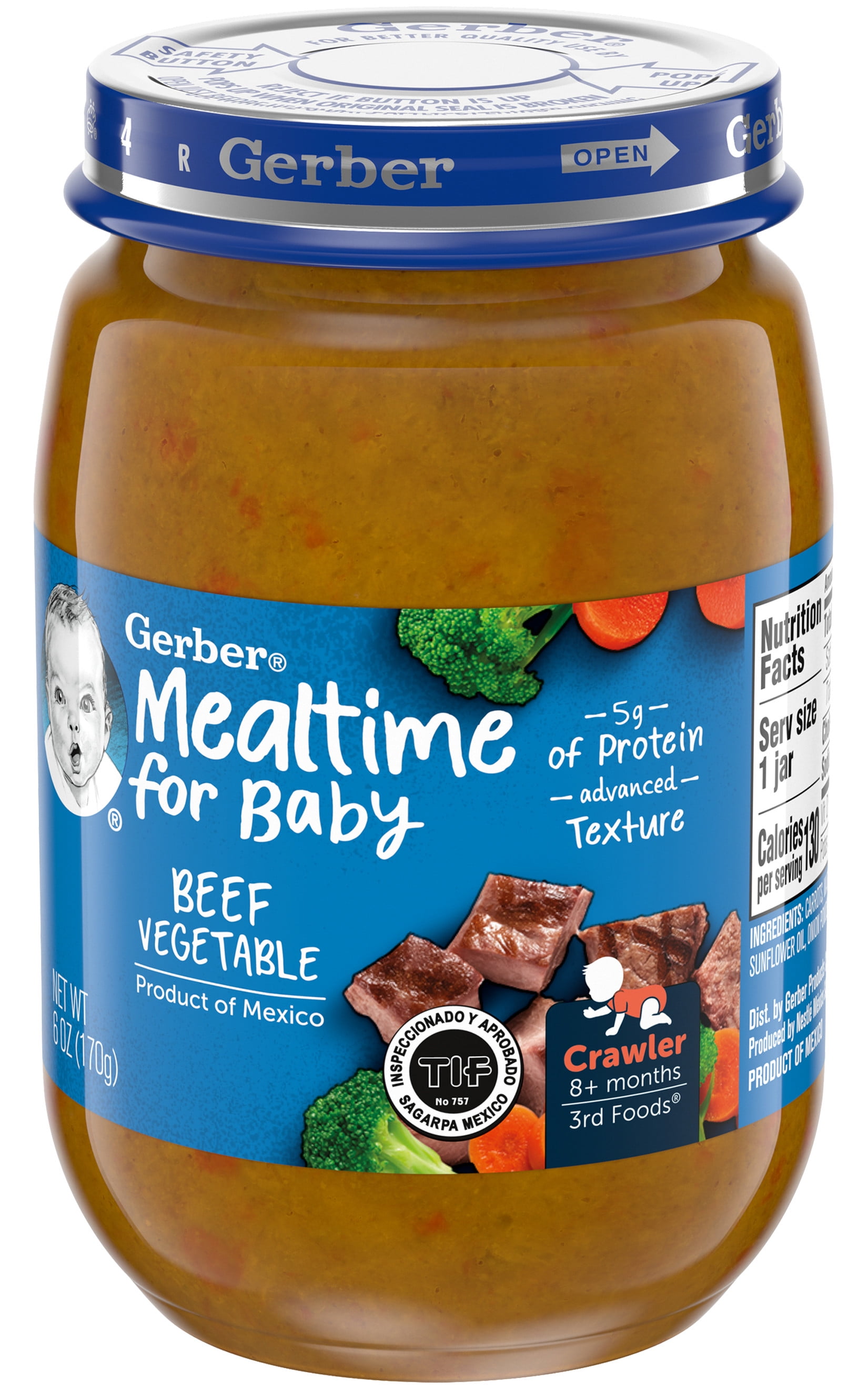 Gerber Mealtime for Baby Stage 3 Baby Food, Beef Vegetable, 6 oz Jar, 12 Pack