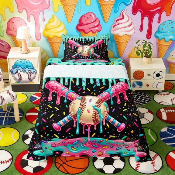 Erosebridal Pink Teal Drippy Baseball Bat Print Twin Sheet Sets, Colorful Sports Bedding for Kids Boys and Girls, 1 Flat Sheet, 1 Fitted Sheet and 1 Pillowcase