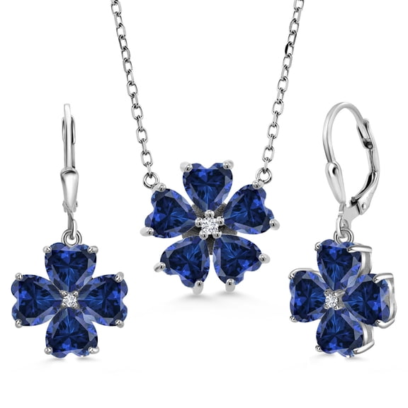 Gem Stone King 10.45 Cttw Blue Created Sapphire and White Lab Grown Diamond Pendant Necklace Earrings Jewelry Set for Women in 925 Sterling Silver | Heart Shape 6MM | With 18 inch Chain