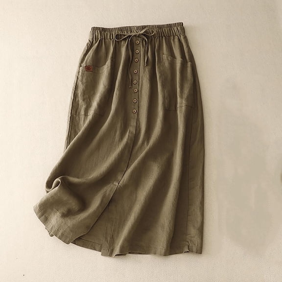 TMOYZQ Linen Skirts for Women Summer A Line Flowy Casual Loose Drawstring High Waist Button Down Midi Skirts with Slit