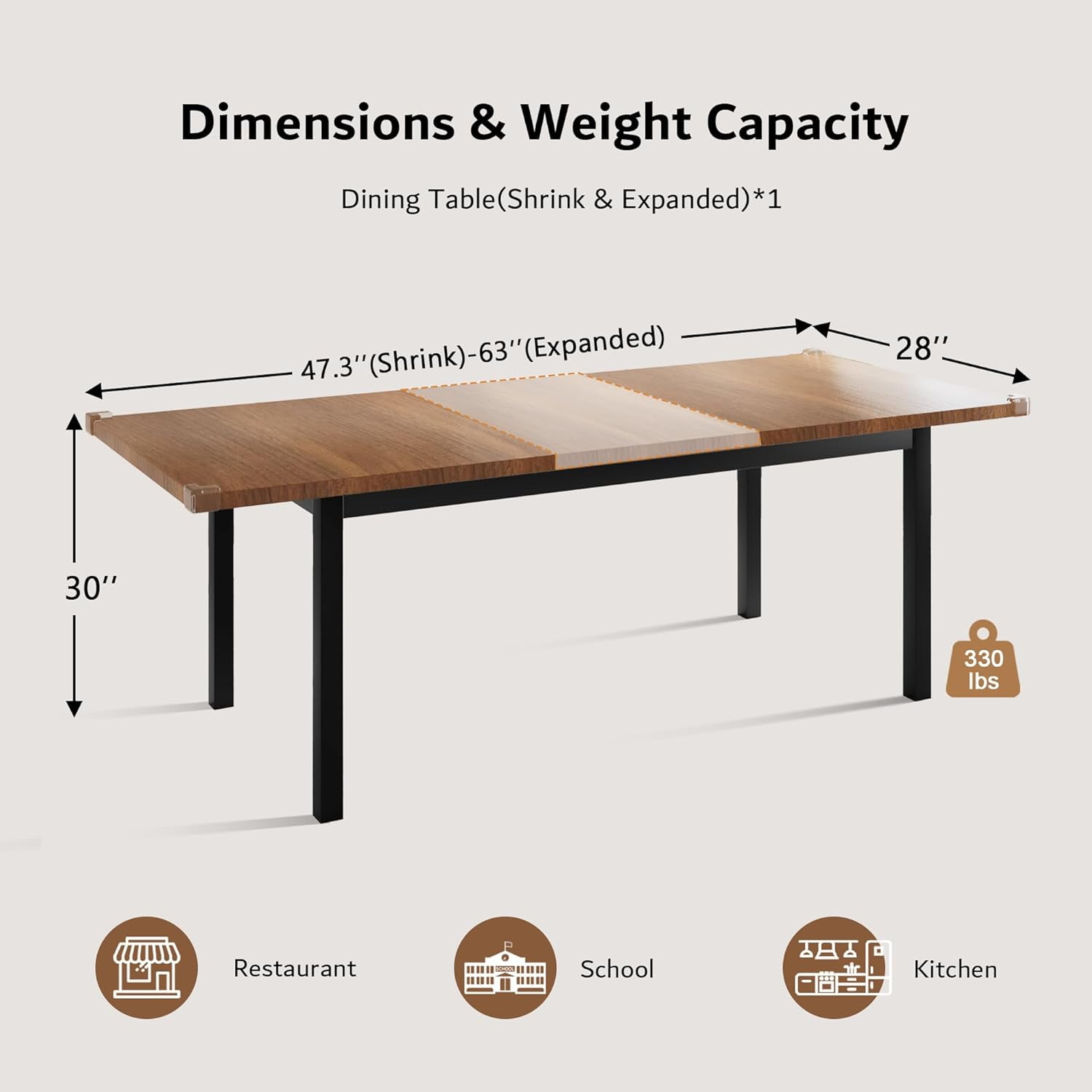 iPormis 63" Extendable Dining Table for 4-8, Square Wooden Dining Room Table with Metal Base, Modern Extendable Table for  Small Kitchens, Dining Office Areas, Walnut