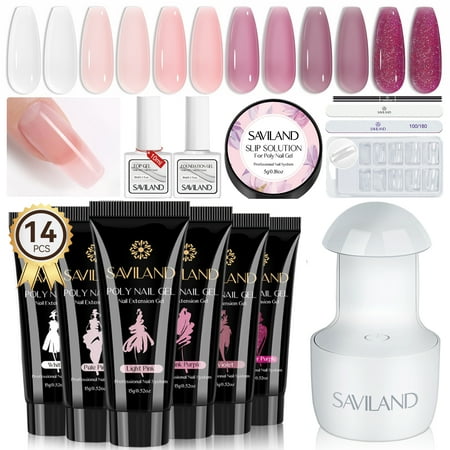 Saviland Poly Extension Gel Nail Kit - 6 Colors Poly Nail Gel Kit with Nail Lamp ,Base and Top Coat ,Poly Brush Slip Solution For Builder Nail Gel