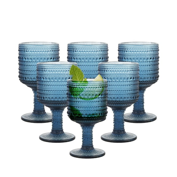 Blue Hobnail Textured Wine Goblets, Dishwasher-Safe Glassware Set of 6