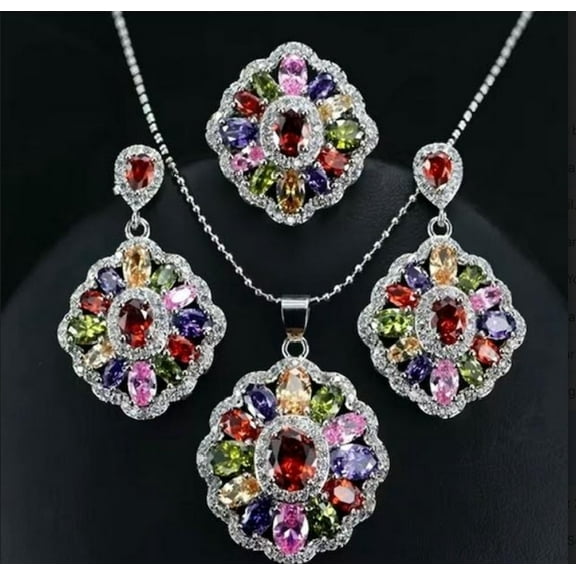 Vintage, Boho Zircon Crystal Pendant Necklace Earrings Ring Jewelry Set