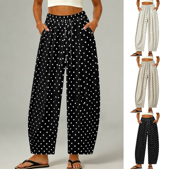 Women's Boho Polka Dot Trousers Summer Cotton Linen Elastic Waist Barrel Pants Loose Fit Casual Beach Pants Black M