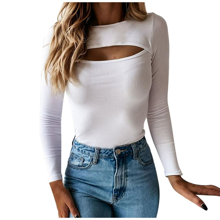 XFLWAM Womens Cutout Front Tops Long Sleeve Ribbed Knit Bodycon T-Shirts  Solid Color Jumper Blouse White S 