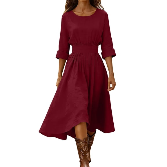Ohufall Women's Dresses Long Sleeve Round Neck Flowy Midi Dress Solid Color Vacation Fashion Dress