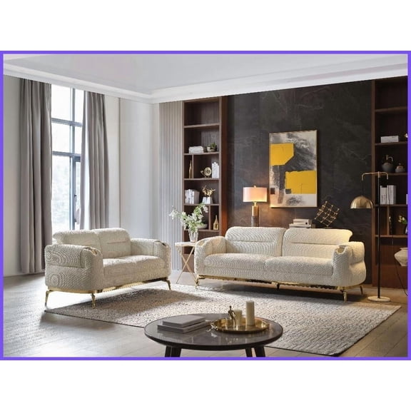 Zoe Modern Luxury 2PC Living Room Set - Cream Cut Chenille Sofa   Loveseat with Gold Accents & Solid Wood Frame